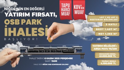 NİĞDE OSB’DEN BOR NİĞDE KARAYOLUNA CEPHELİ 1407 M2 ALANLI ÜÇ KATLI, 750 METREKARE TERASI BULUNAN İKİ ADET RESTORAN VE KAFETERYA 6 KASIM 2025 TARİHİNDE AÇIK ARTIRMA İLE SATIŞA SUNULUYOR.